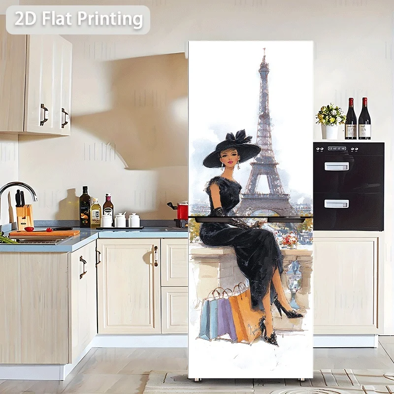 of Refrigerator Sticker Measuring Featuring a Parisian Fashion Woman And The Eiffel Tower, Self-Adhesive Wall Decor Suitable f