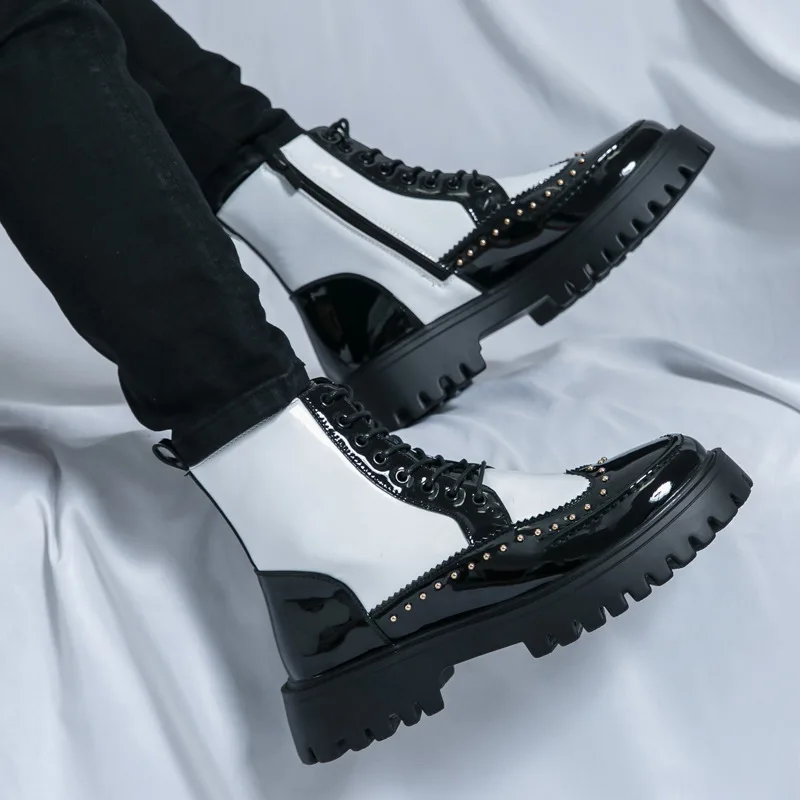 Fashion Rivet Men Ankle Boots Autumn High Top Platform Boots Man Brogue Men's Formal Boots Leather botas de cuero para hombre