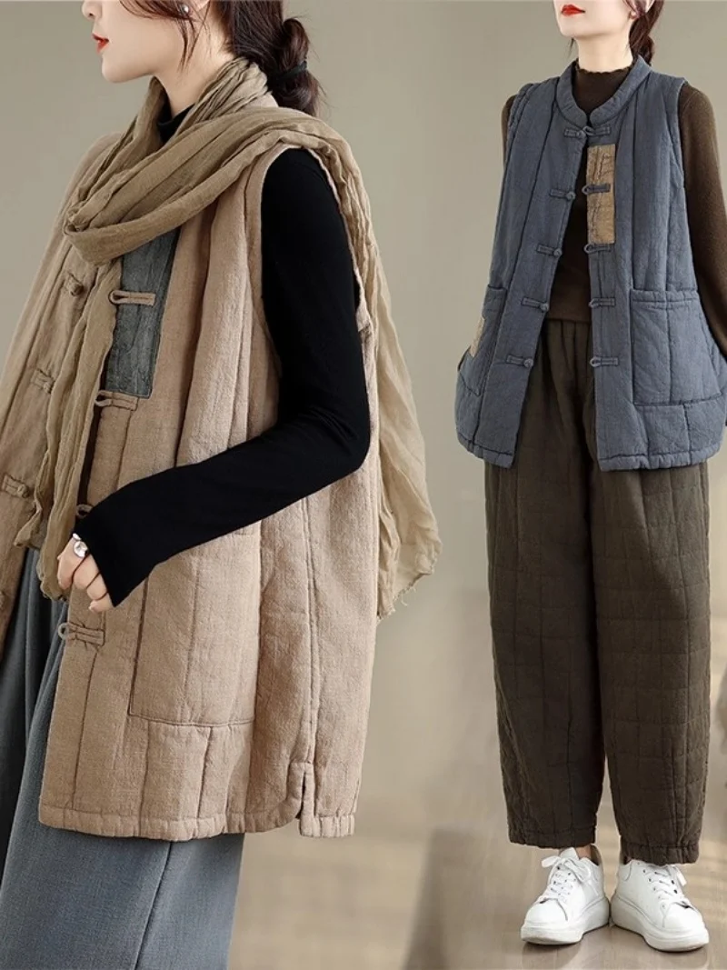 Cotton And Linen Vest  2025 Autumn Winter New Zen style Women's Clothing Loose Warm Sleeveless Quilted Jacket w1022