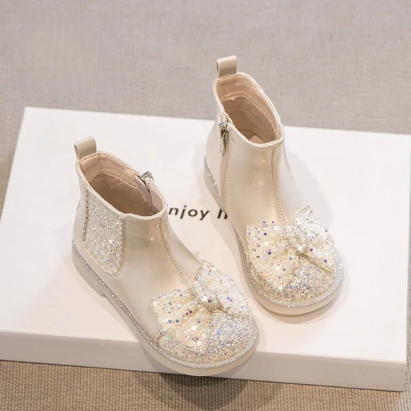 2024 Winter Baby Girls Snow Boots Outdoor Warm Plush Boots Anti-Slippery Children Cotton-padded Shoes Bow Sequin Princess Shoes