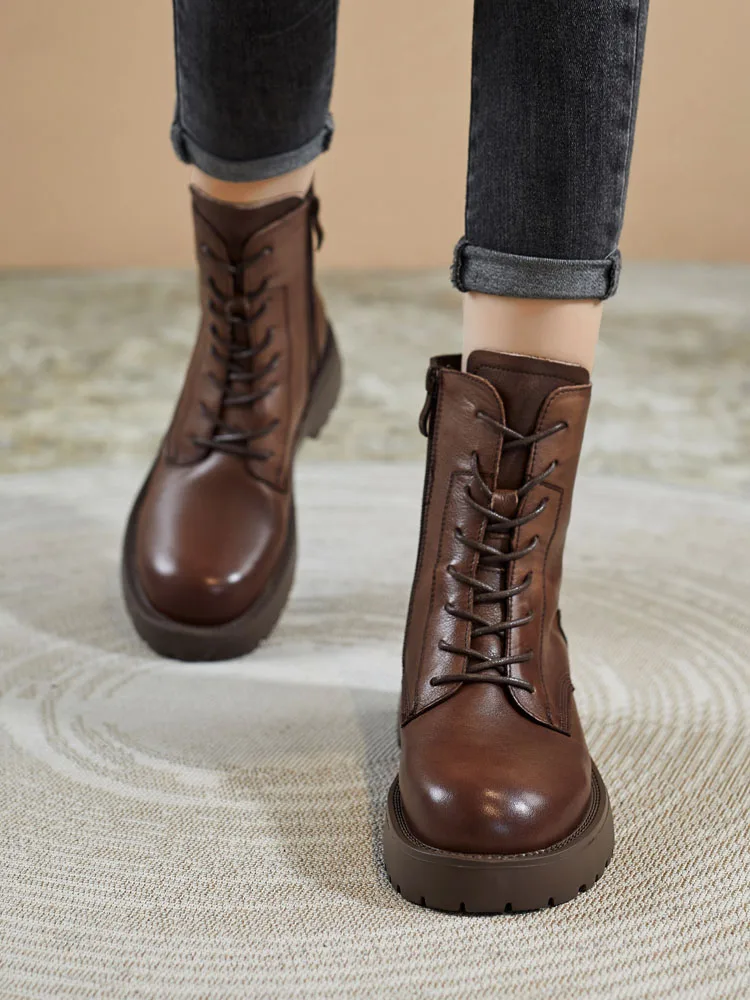 DRKANOL British Style Handmade Retro Winter Women Platform Heel Boots Luxury Full Cow Leather Mid Calf Thick Heel Warm Boots