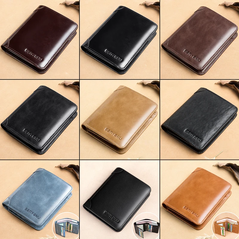 Men Classic Style Genuine Leather Trifold Wallet Folded RFID Blocking Vintage Multi Function ID Credit Card Hold Money Bags