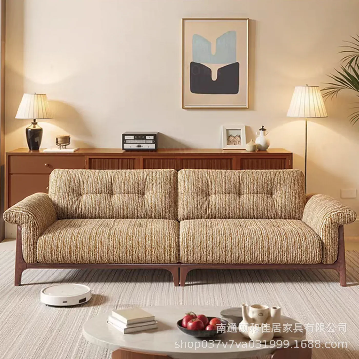 New French retro villa living room Asian cotton linen fabric sofa Modern simple solid wood segmented straight sofa