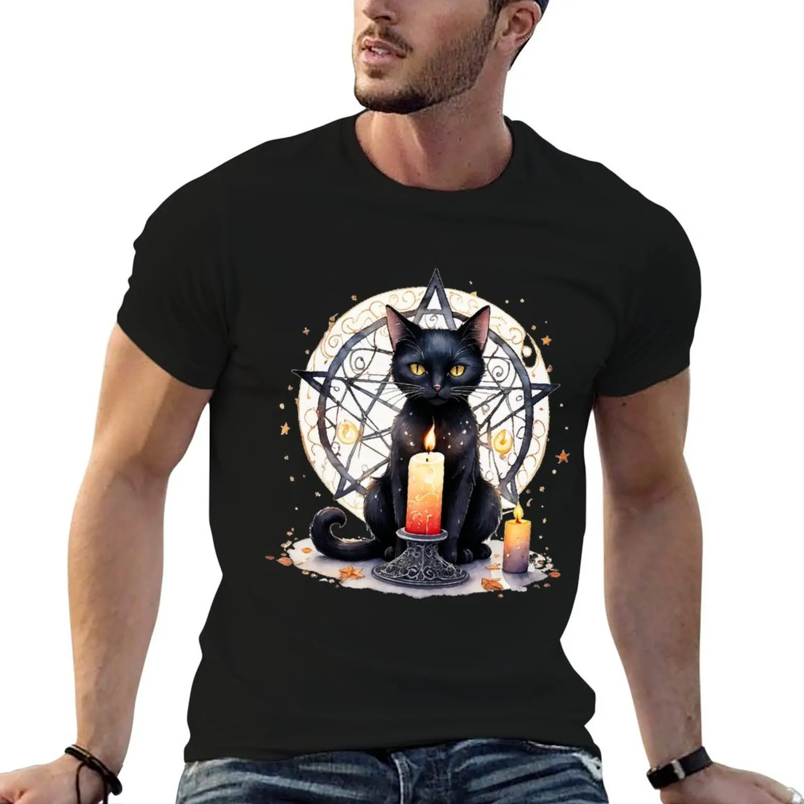 Black cat with pentagram T-Shirt man t shirt custom shirt mens t shirt