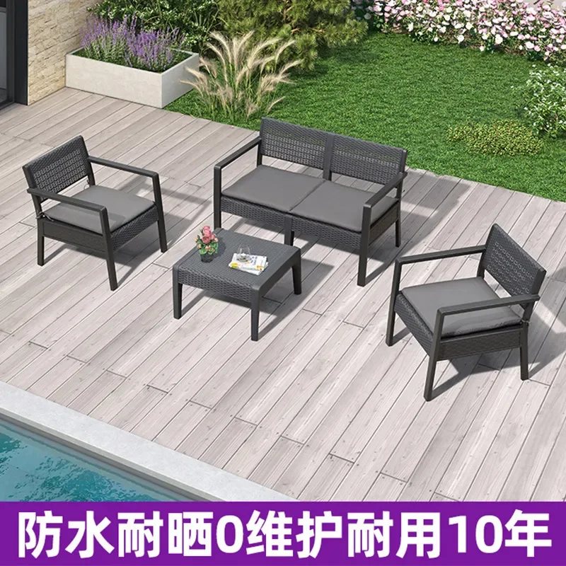 Outdoor Rattan Sofa Set Waterproof Sunscreen Garden Furniture Patio Leisure Table and Chairs for Courtyard Hotel Office Use