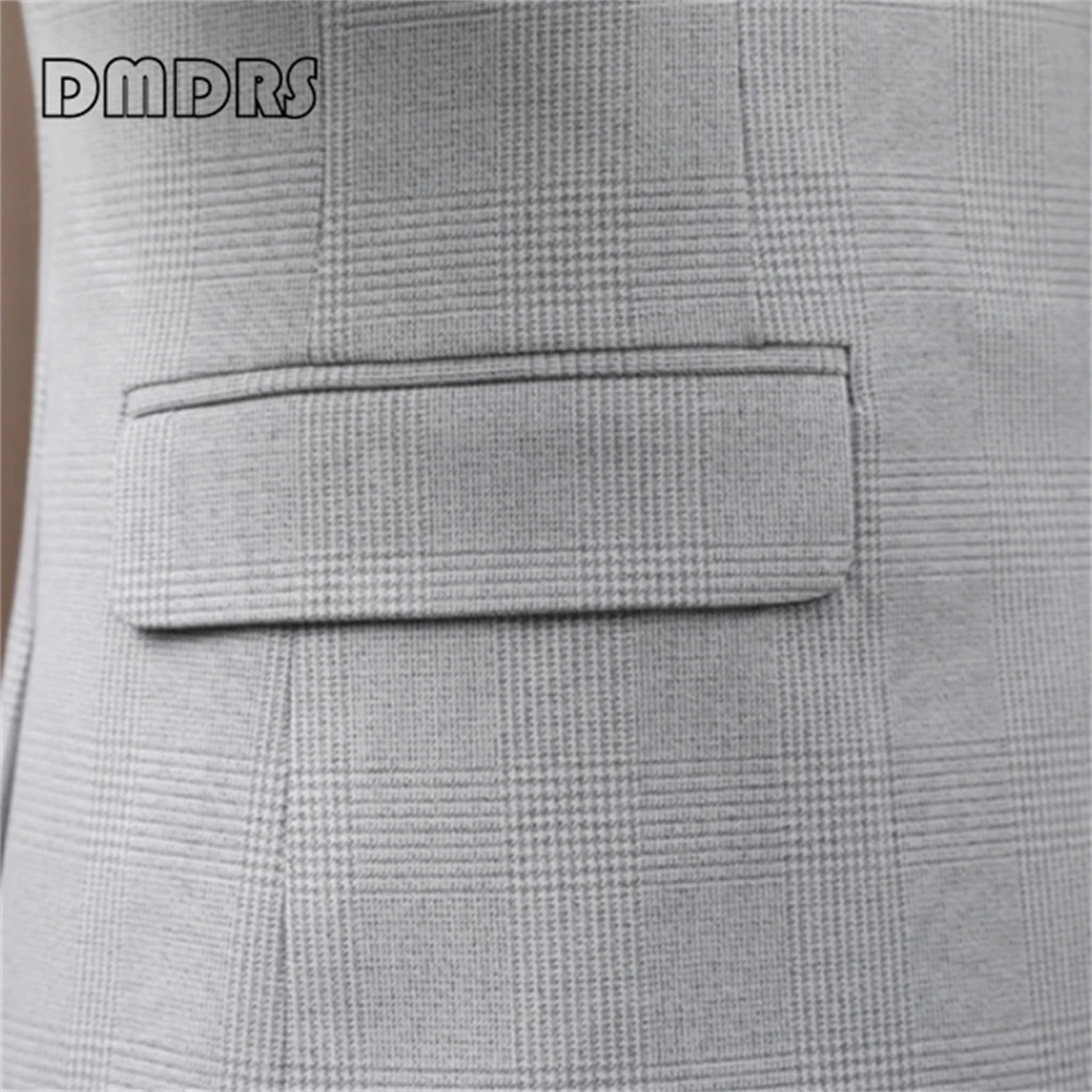 Grey Plaid Slim Fitting Formal Suit Set for Men Notched Lapel Blazer Single Breasted Plus Size Wedding Tuxedo for Groom