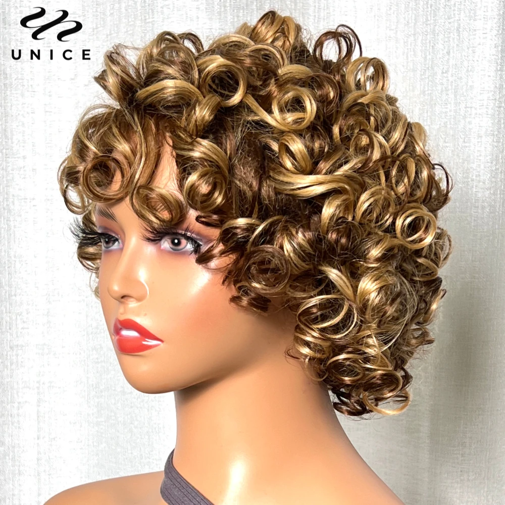 UNice Hair Blonde Curly Wig 100% Human Hair Bouncy Curly Wig with Bangs Open Cap Machine Wigs for Women 8Inch Short Afro Wig