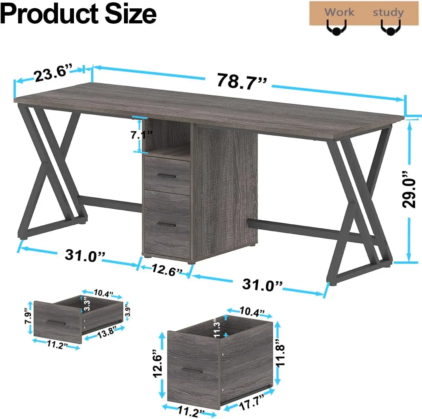 LVB-Mesa Extra Longa para 2 Pessoas, Grande Mesa Rústica do Computador com Gaveta de Arquivo, Mesa Dupla de Madeira Industrial com Armário