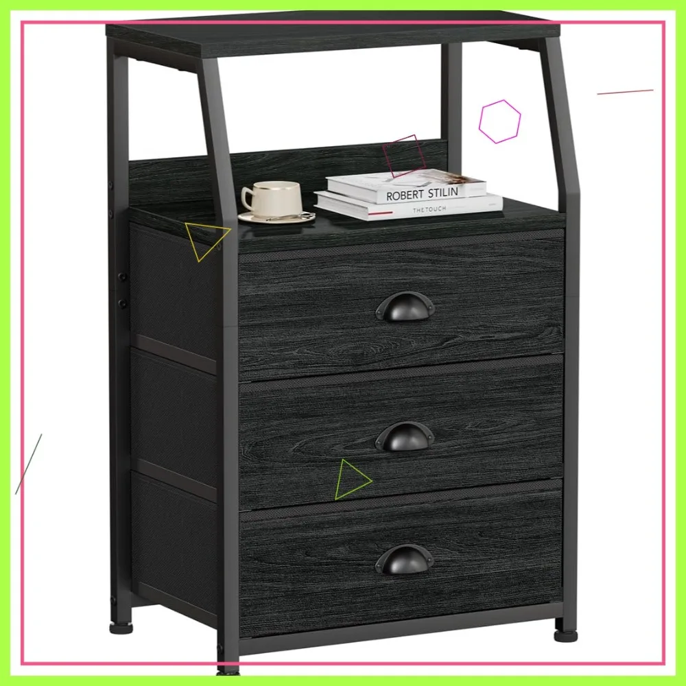 

Modern Nightstand with 3 Fabric Drawers & 2-Tier Shelf, Sturdy Steel Frame & Wood Top for Bedroom, Living Room