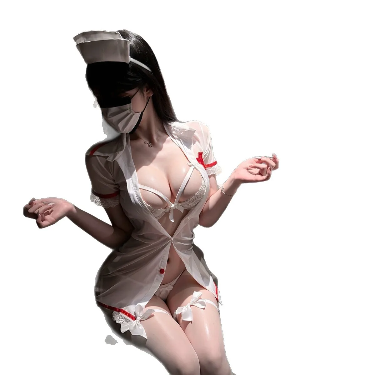 

Sexy Lingerie Thong Transparent Deep V Split Lace Trim Nurse Uniform Set Sexy Clothes