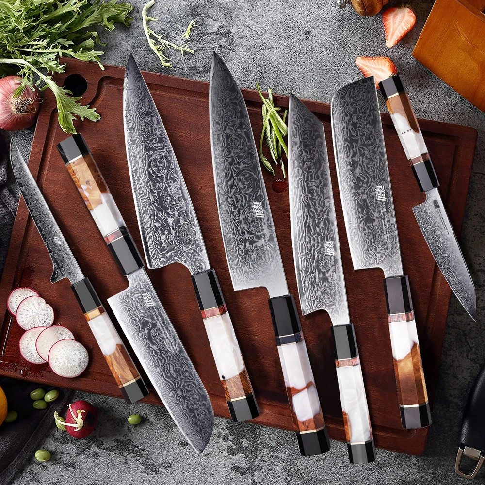 FINDKING Black Rose Series AUS 10 Damascus Steel Knife Set Exquisite Gift 7 PCS Kiritsuke Santoku Nakiri Chef Kitchen Knife Sets