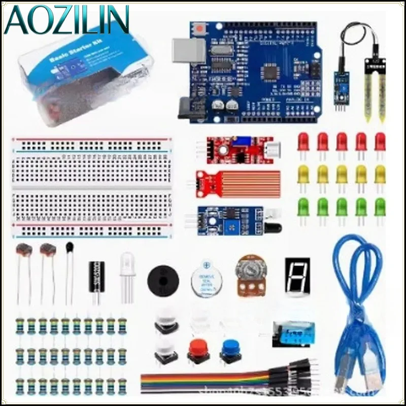 AOZILIN For UNO R3 400 Hole Breadboard Component Kit Beginner Switch Sensor Obstacle Avoidance Module Electronics Starter Set