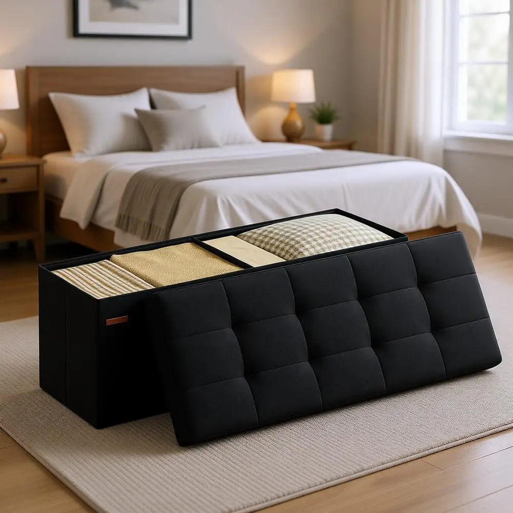 43 Storage Ottoman Bench, Upholstered Footrest, End of Bed Storage, Holds 660 lbs, Ideal for Living Room, Bedroom, Entryway - Bl