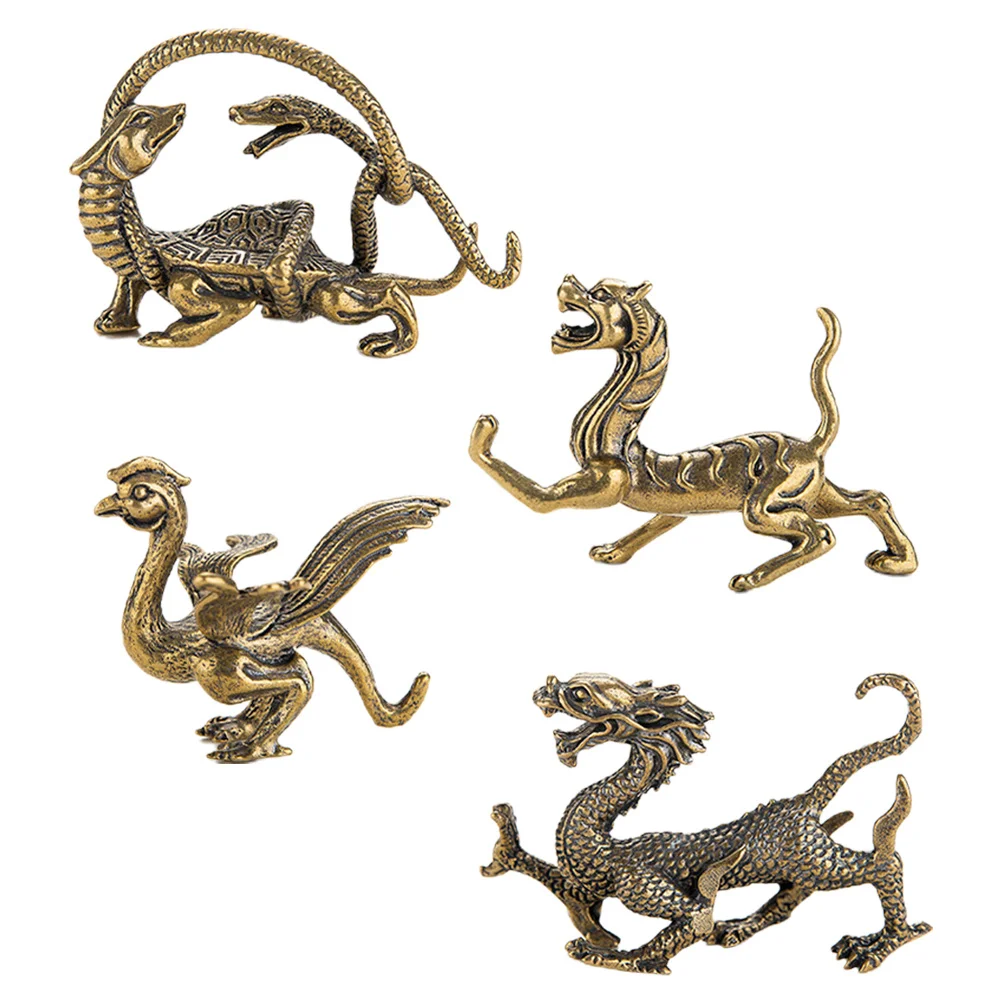 

4Pcs Ancient Animal Statues Brass Chinese Decor for Garden Table Shelf Desktop Vintage Landscape Ornament