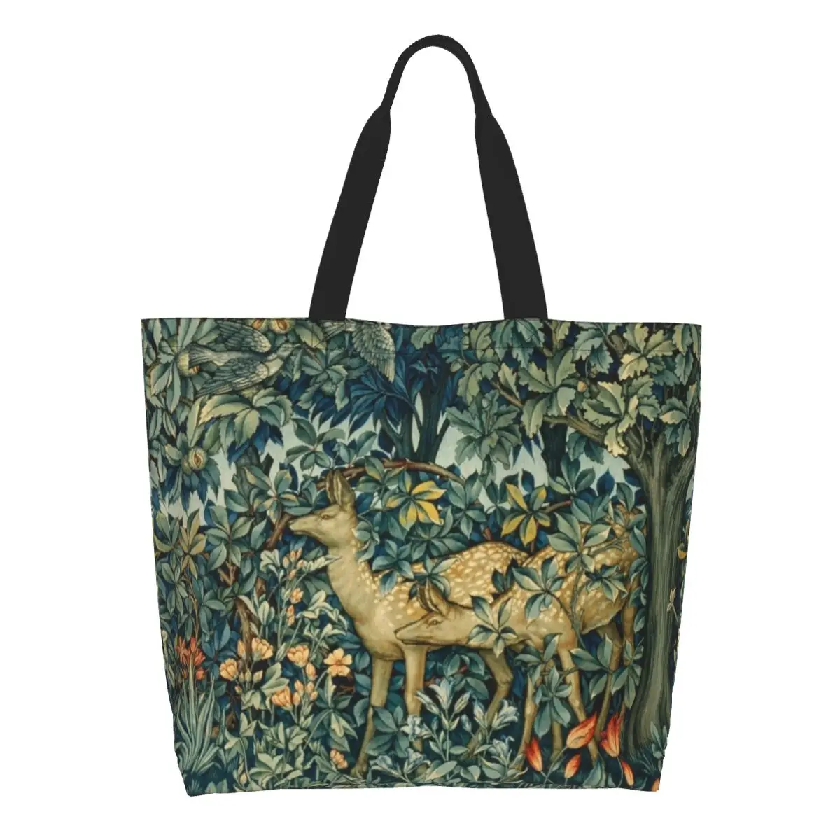 William Morris Deers And Birds In Forest Groceries Shopping Bags Printed Canvas Shopper Tote Shoulder Bag Big Capacity Handbag