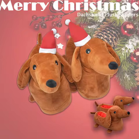 TreasuringU Dachshund Plush Slippers Cartoon Weiner Dog Non-Slip Fuzzy Shoes Funny Animals House Slippers Christmas Gifts