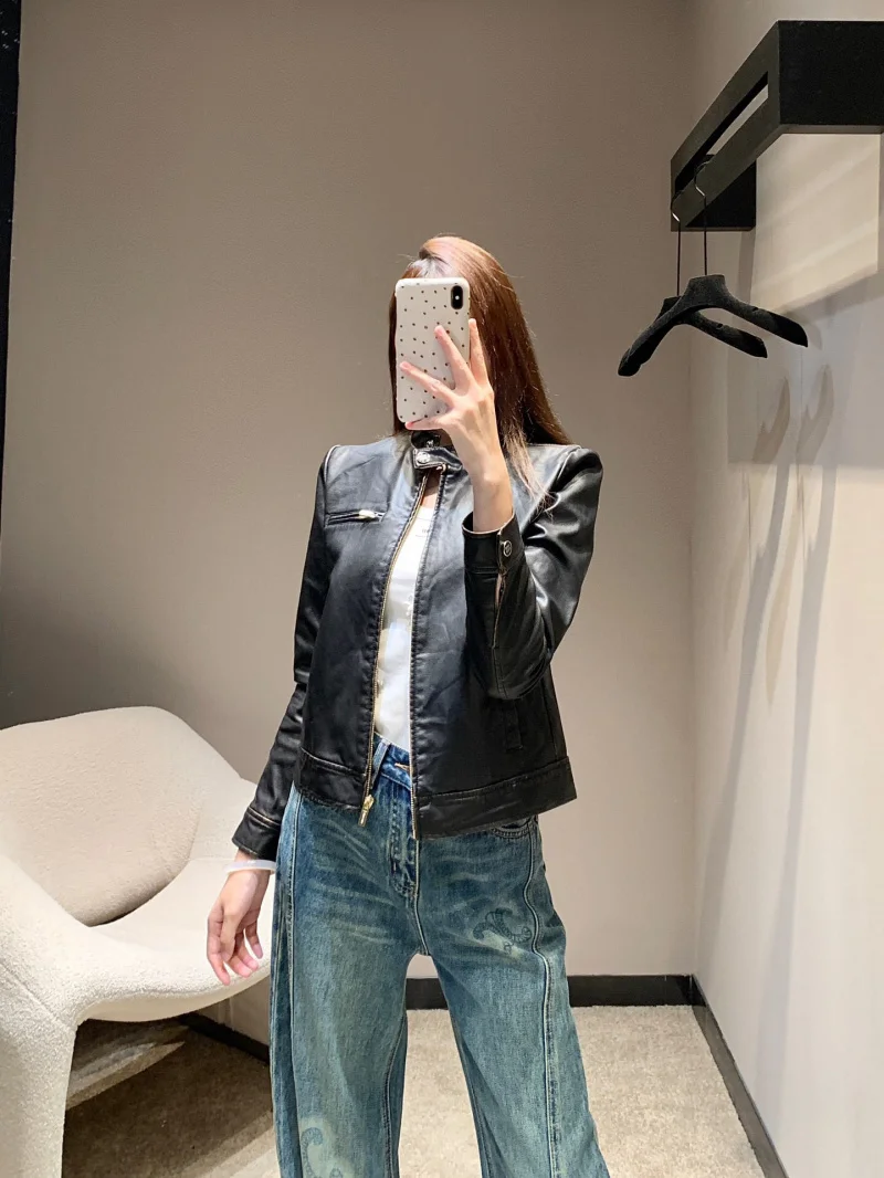 Street style women's leather jacket, fashionable and trendy, cool and versatile, stand up collar slim fit motorcycle jacket