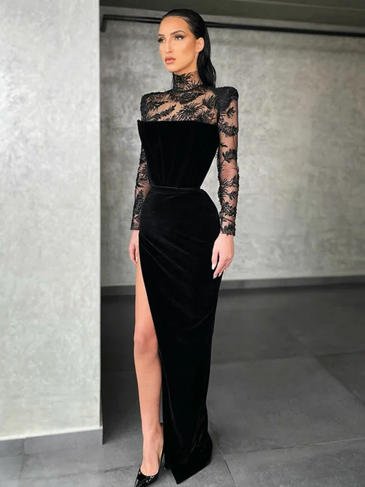 

Black Lace Mermaid Evening Dresses 2024 Fashion High Neck Long Sleeves Cocktail Party Gowns Appliques Side Split Prom Dresses