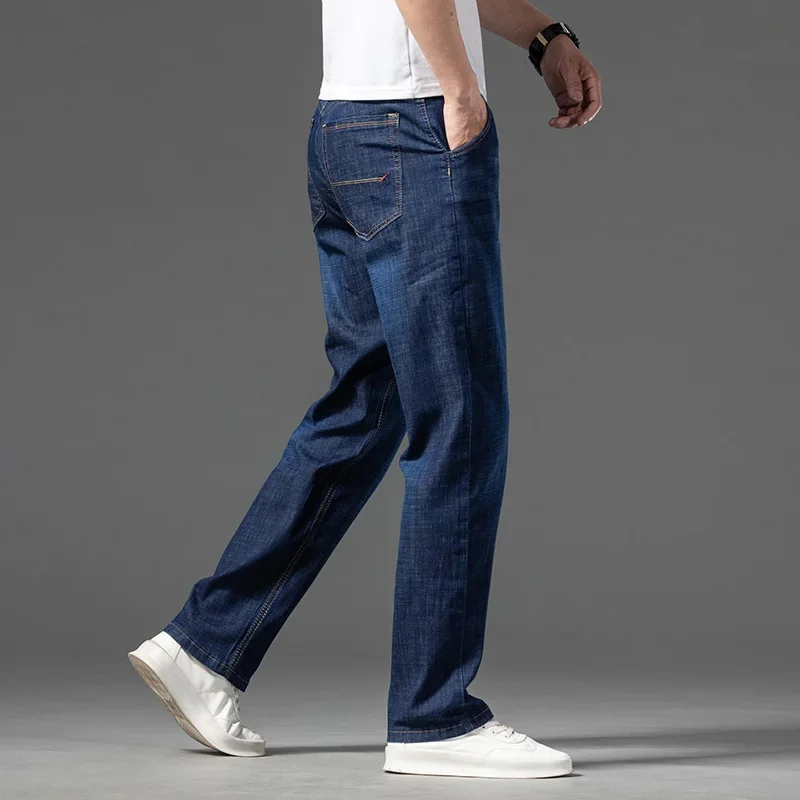 Clássico bolso anti-roubo com zíper, jeans fino masculino, calça jeans reta relaxada, marca masculina, nova, verão, 2022