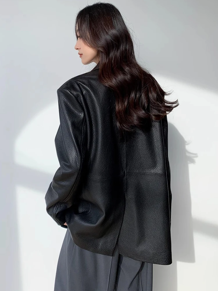 Mid-length Genuine Leather Blazer Jackets Women Spring Autumn 2025 New High-end Simple Lychee Texture Black Real Sheepskin Coat