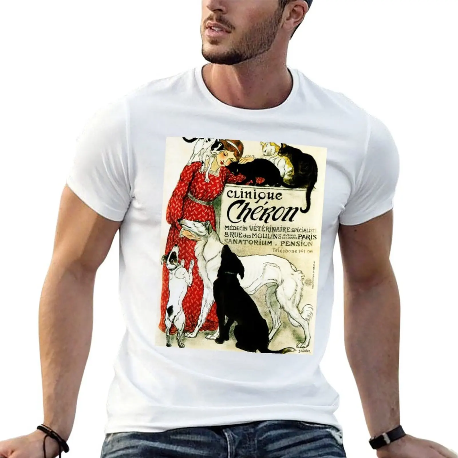Футболка CLINIQUE CHERON Animal Clinic от Theophile Steinlen, 1905 г., винтажная рекламная футболка с художественным принтом, хлопковая футболка, 100% хлопок.