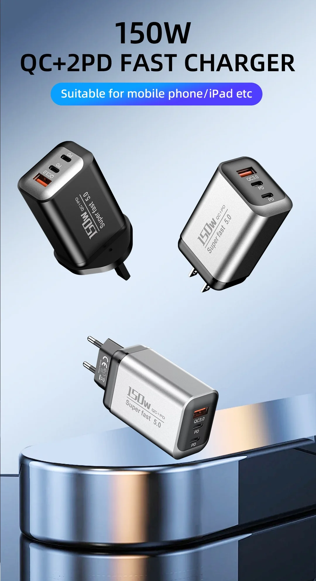 150W Schnellladegerät 3-Port 2PD QC3.0 USB Typ C Netzteil Reise-Ladeblock für iPhone Samsung Xiaomi EU/UK/US-Stecker – Detail 2