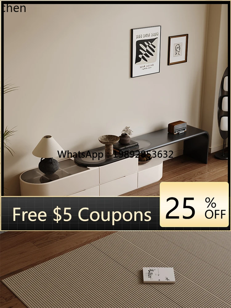 CJ7cream wind telescopic TV cabinet retro tempered glass coffee table medium and ancient style push-pull living room
