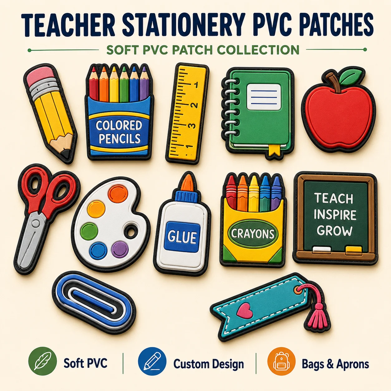 Custom Teacher PVC Patches Pencil Crayons Ruler Notebook Apple Soft Rubber Hook and Loop for Bags Aprons Backpacks School Gear