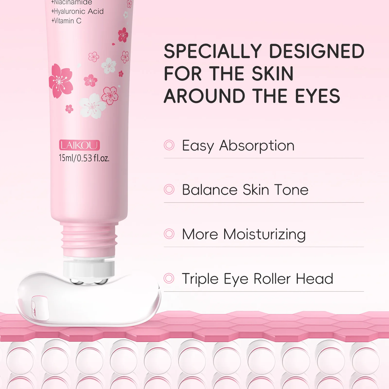 LAIKOU Japan Sakura Roll‑on Eye Serum 15ml Gentle Eye Care Serum, Smooth & Firm Eye Contour Skin for Daily Under‑Eye Skin Care ﻿