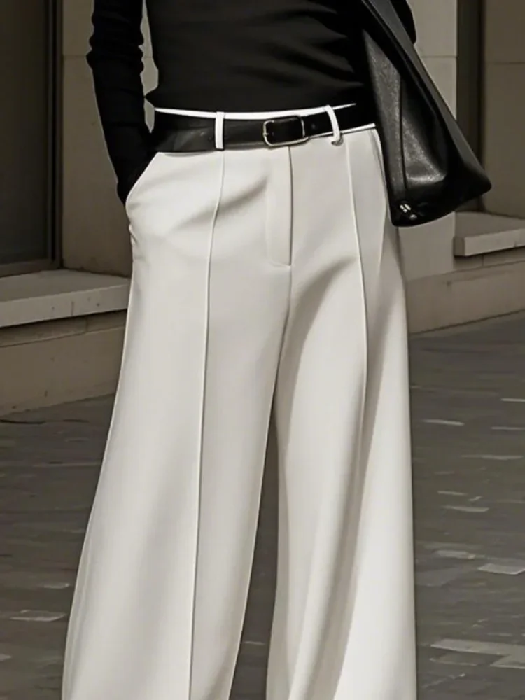 Yeezzi Women's Fashion Simple Solid Color High Waist Wide Leg Pants Loose Urban Casual Office Formal Trousers Bottoms No Belt