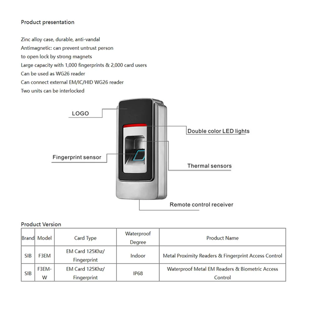 RFID access control controller IP68 waterproof fingerprint access control machine Wiegand 26 fingerprint reader anti-vandalism