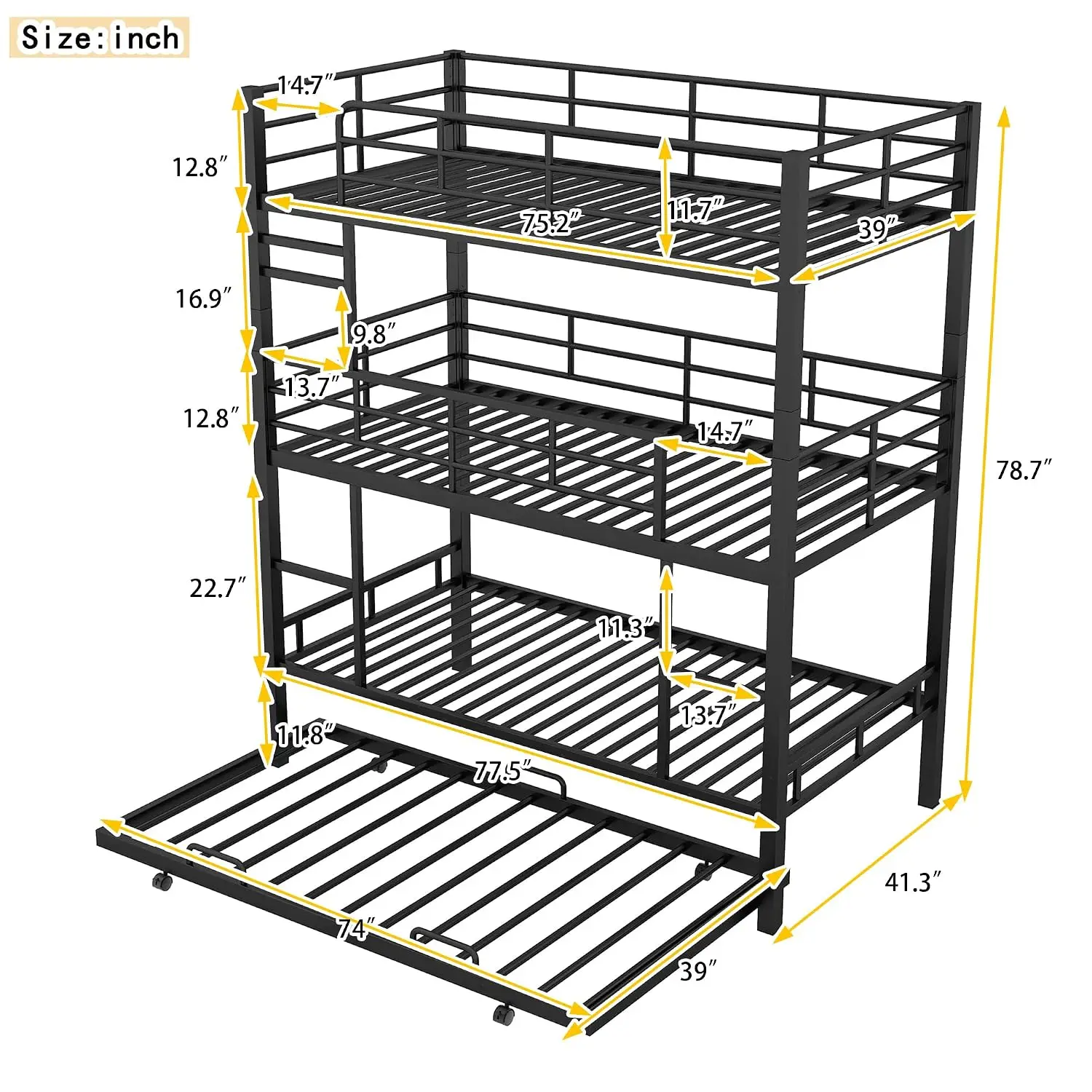 Metal Triple Bunk Bed With Trundle, Twin, 2 Ladders & Guardrails, Convertible To 3 Bed Teens, Customized
