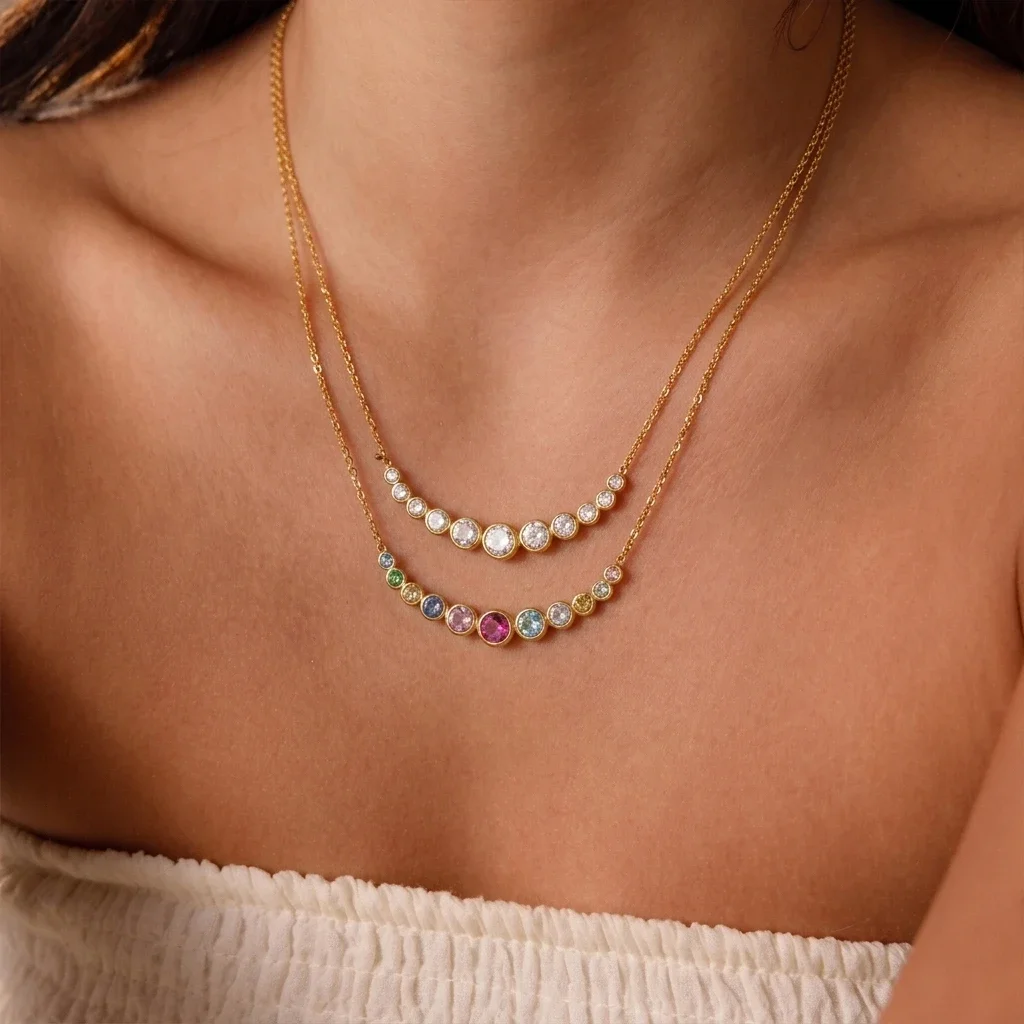 

Delicate Colored Circular Zircons Gradient Smiling Face Necklace Women Gold Plated Stainless Steel Wedding Jewelry Gifts