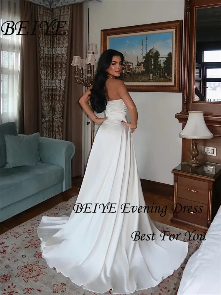 Beye clássico cetim a linha vestido de noite flor strapless alta fenda vestido de baile vestido de festa personalizado فساتmaveraات