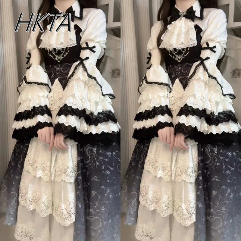 High-end Lolita Original Skull Magic High Waist Long Dress Set Women Lolita Halloween Horn Long Sleeve Shirt Suspender Dress