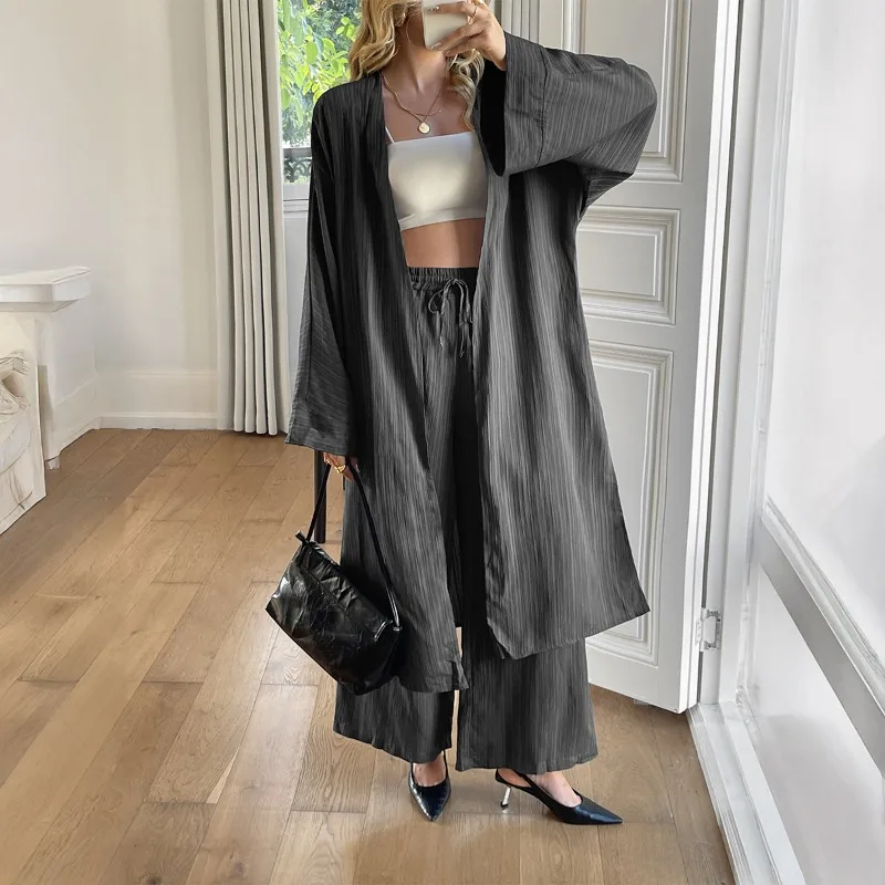 Women's Grey Matching Lounge Set Long Sleeve Belted Open Front Coat Wide Leg Pants Casual Elegant Outerwear Suit