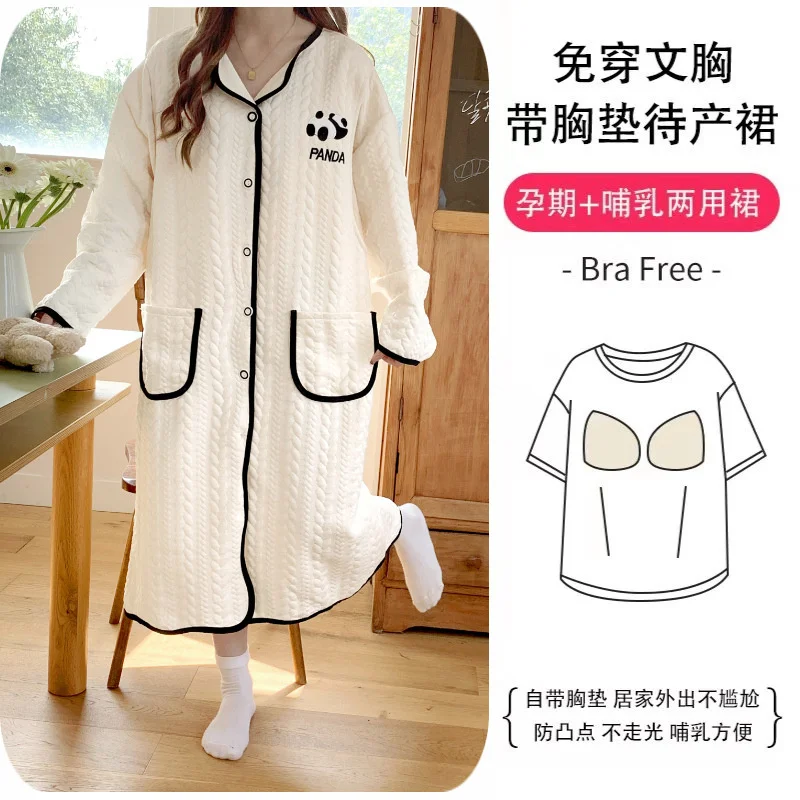 Cartoon Winter Cotton Padded Maternity Nursing Nightdress Loose Night Dress Clothes Women Pregnancy Home Dress