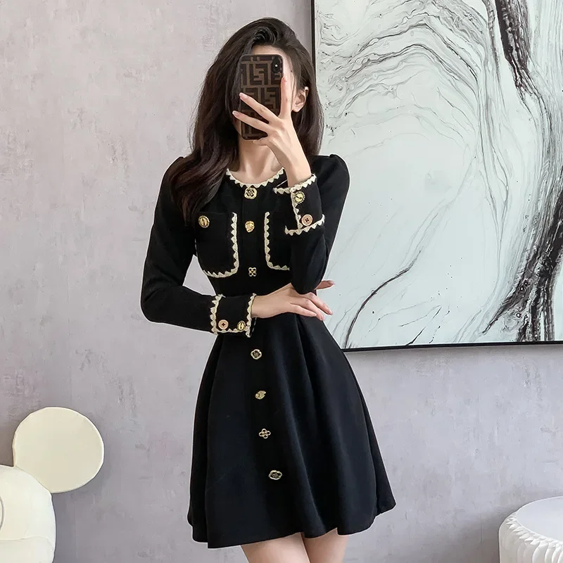 Elegant High-End Feel Black Dress Tweed Style Women's Autumn Collection Waist-Fitted Vintage Slimming Socialite Style Dress