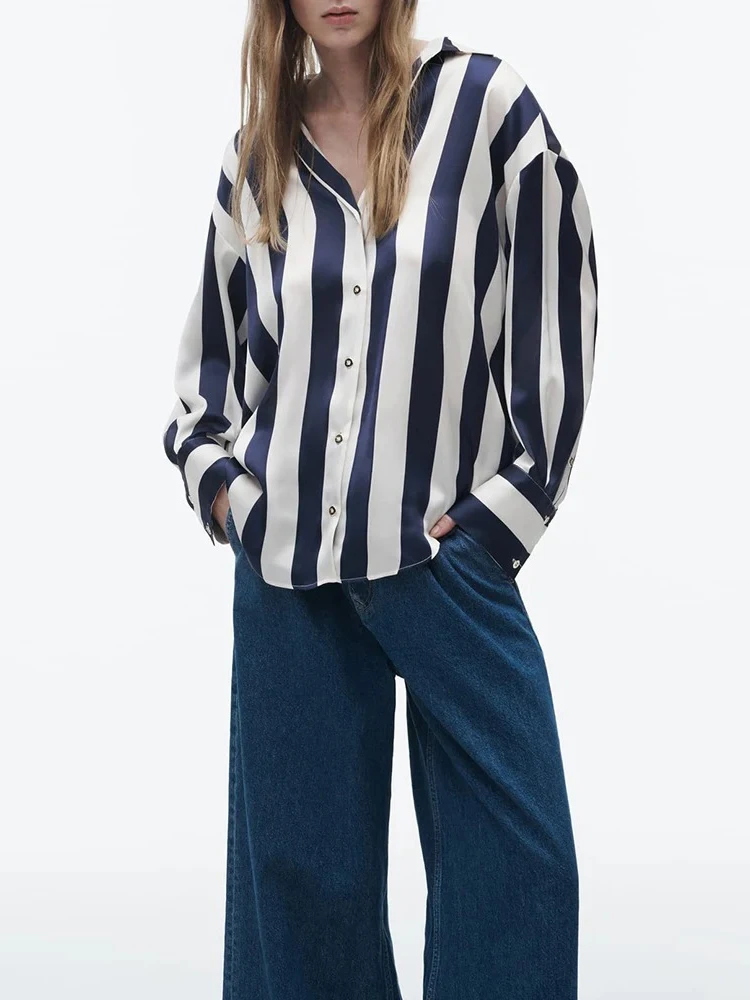 TRAFZA Women's Fashion Shirt Vintage Long Sleeve Button Women's Shirt Korea Dongdaemun Striped Suit Shirt Casual Commuter Shirt