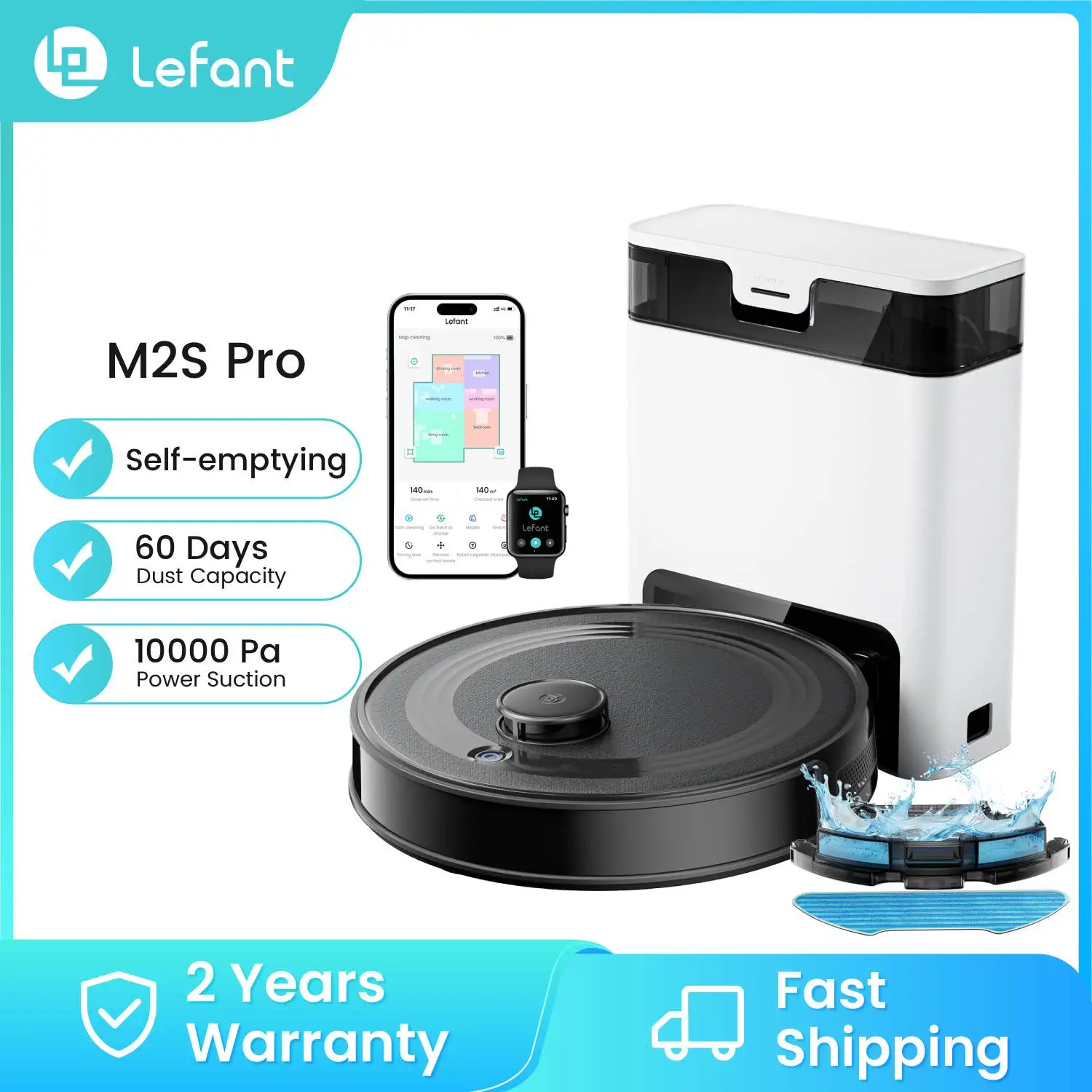 Lefant M2S Pro Roboter-Staubsauger mit Kartierungsfunktion, 10000Pa Saugkraft, Automatische Staubstation, Laser-Navigation, PSD-Hindernisvermeidungstechnologie