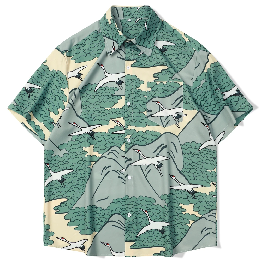 

Men's Green Crane Print Shirt Fashion Short Sleeve Summer Men Turn-down Collar Button Casual Blouse Clothing