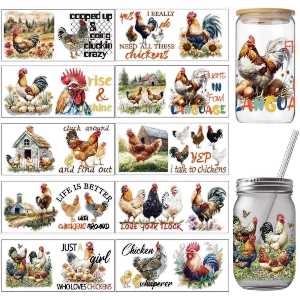 10 Stück PVC-Becherdruck-Transferaufkleber mit Bauernhof-Huhn-Thema, Hühnerei-Muster, UV-wasserdichtes Becheraufkleber-Set für 16-Unzen-Brillen