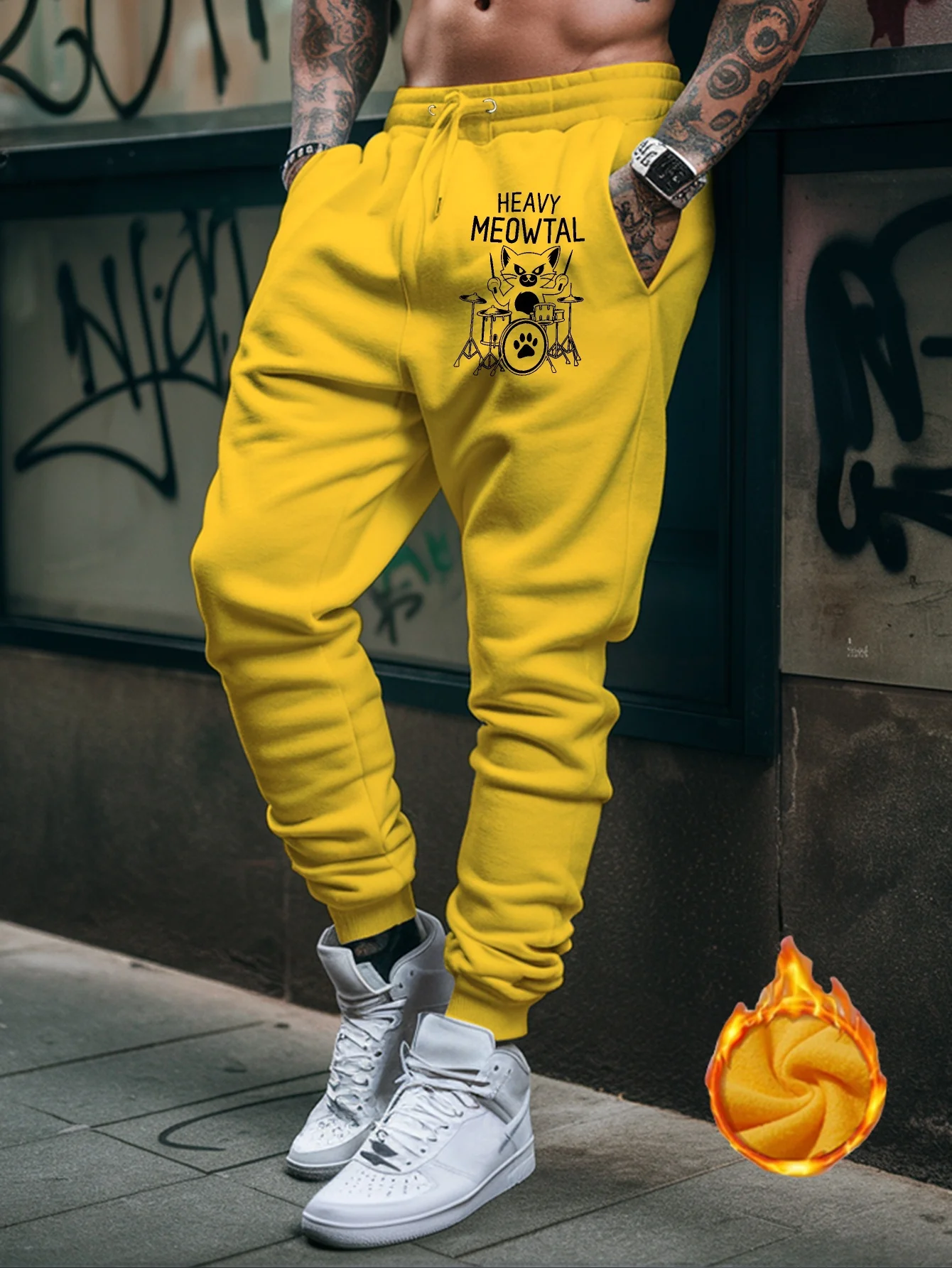 Riff‑focused Cat Drummer Heavy Meowtal Funny Music Phrase Sketch Art Print Soft Men Sweatpants Hip Hop Sports Jogger Trousers