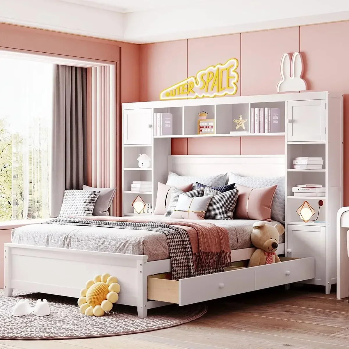 

Bookcase Headboard and 4 Storage Drawers, Solid Wood Bed Frame with Cabinet and Bookshelf, No Box Spring Needed - White