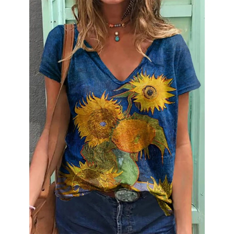 Van Gogh Oil Painting T-Shirts Sunflower 3D Print Women Oversized Streetwear V-Neck T Shirt Harajuku Y2k Tops Woman Tees Clothes