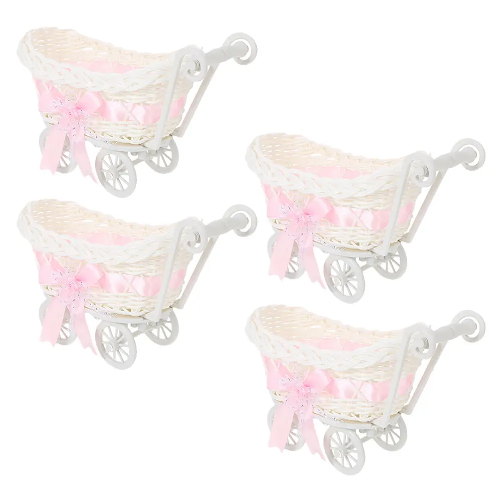 

4 Pcs Rattan Woven Basket Mini Trolley Pink Children Toy Storage Candy Chocolate Flower Decor Baby Shower Wedding Party Supplies