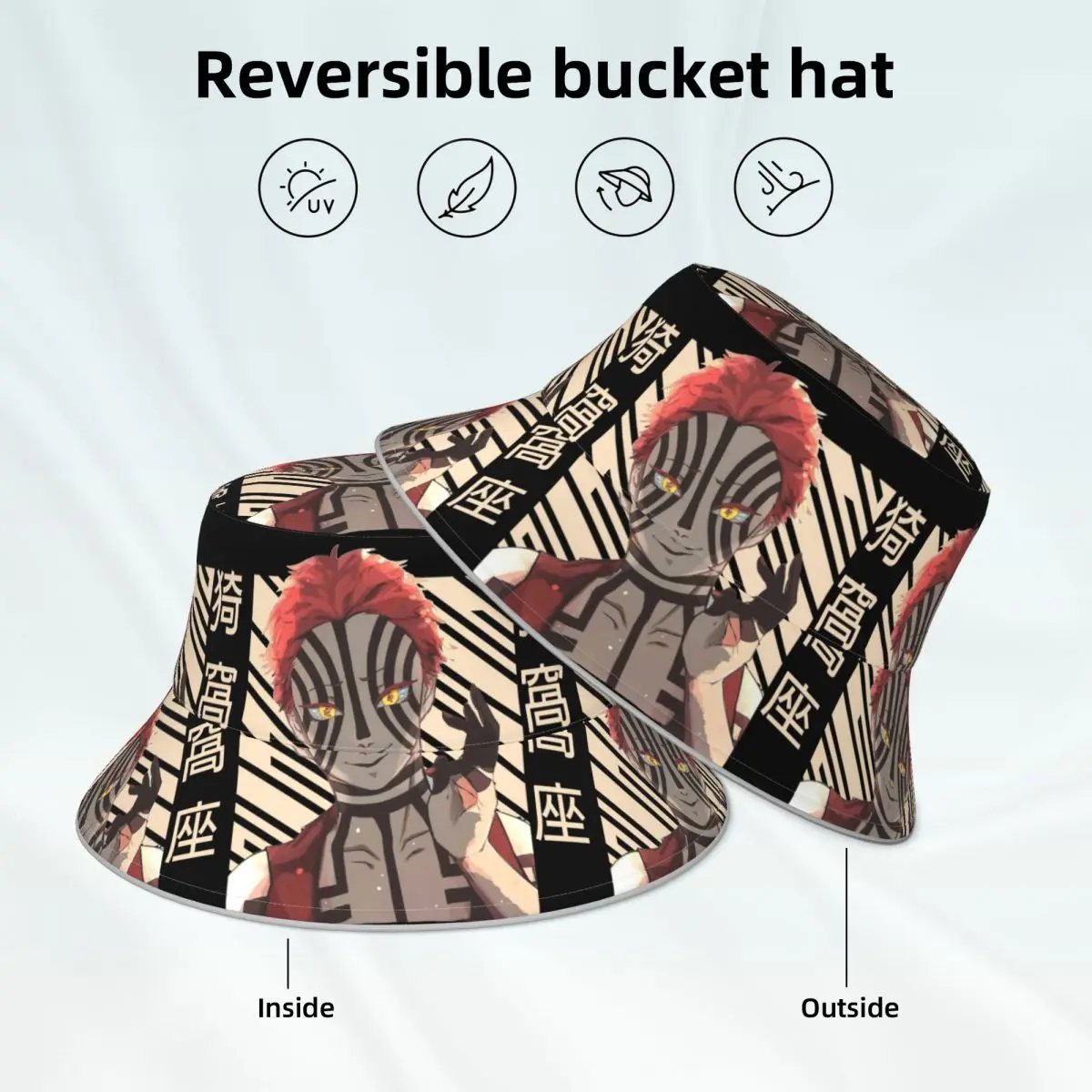 Akaza Demon Slayer Bucket Hat anime manga japan otaku Reversible Unisex Reflective Fisherman Hats Fashion Beach Sun Hat