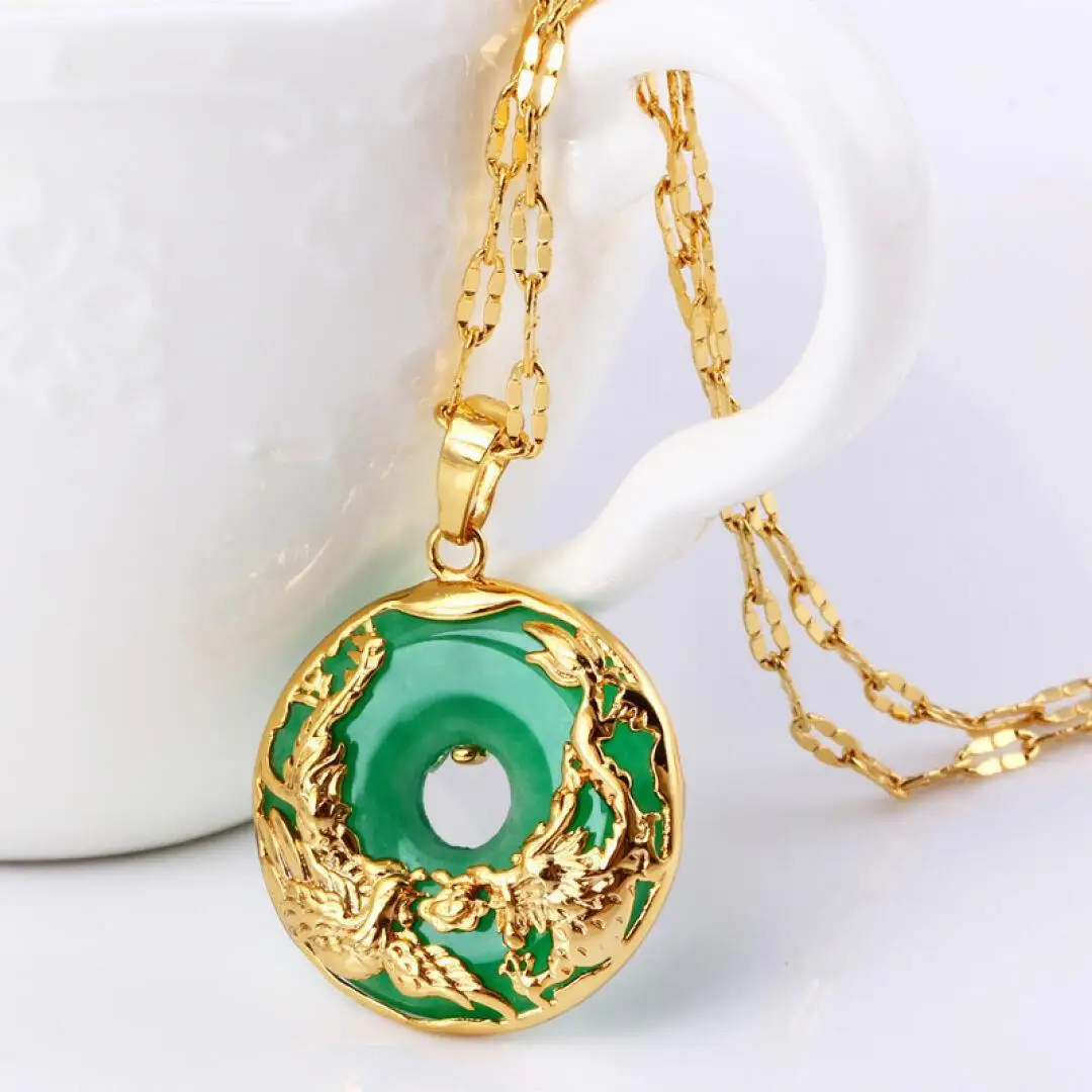 

Luxurious Gold Color Dragon Phoenix Green Stone Pendant Necklace for Men Women Chinese Style GOLD Color AND JADE Jewelry Gifts