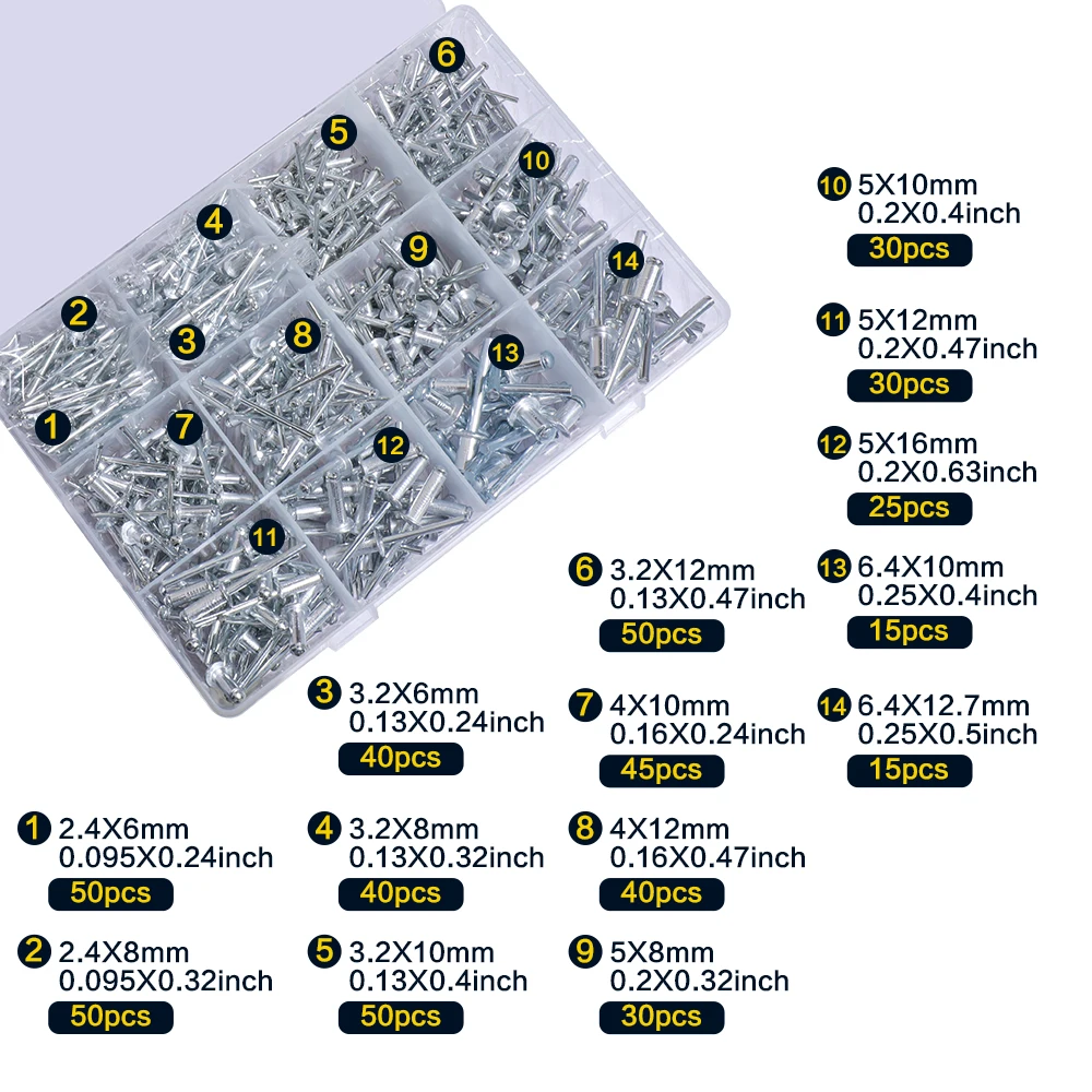 510pcs Pop Rivets Assortment Kit G,14 SAE Sizes Aluminum Rivets (3/32