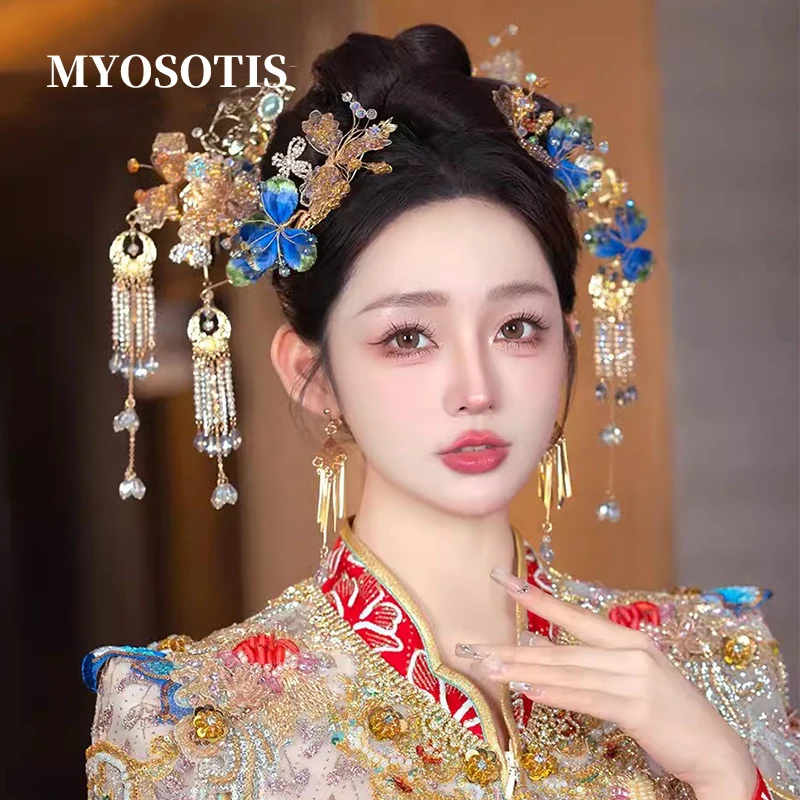 

New Bride Chinese Xiuhe Dress Headdress Retro Blue High-end Ancient Costume Hairpins Accessories Female